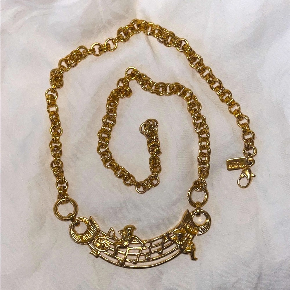 1928 Vintage Angel & Music Note Pendant Gold Tone Necklace